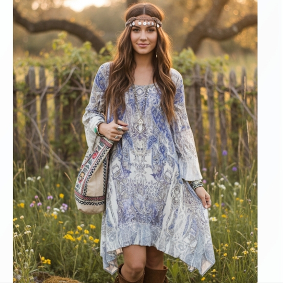 Boho Fairycore Ruffle Paisley Mesh Lace Tunic Dress Romantic Gypsy Whimsical - Picture 1 of 16